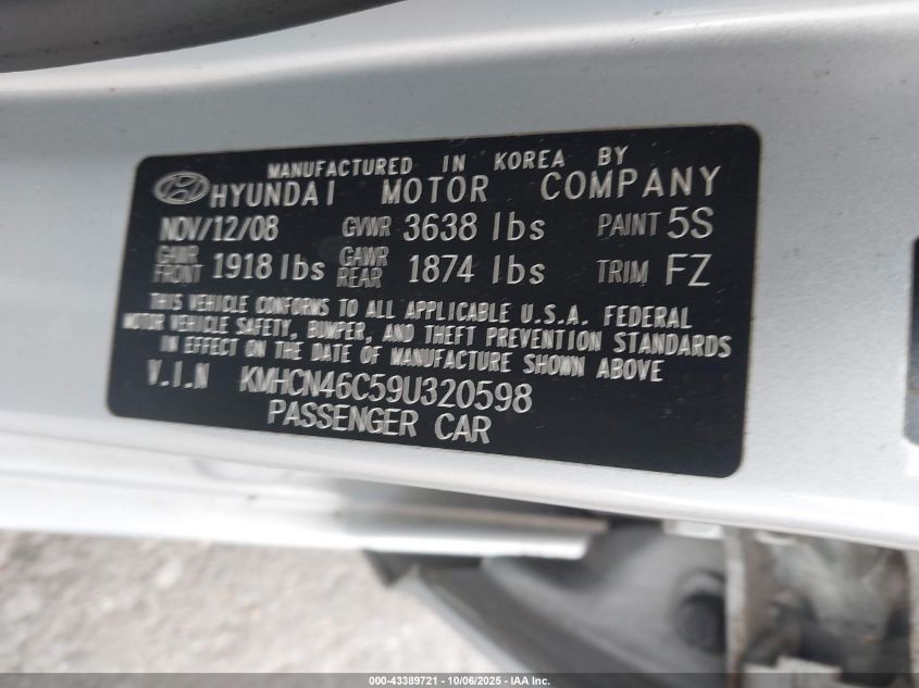 2009 Hyundai Accent Gls VIN: KMHCN46C59U320598 Lot: 43389721