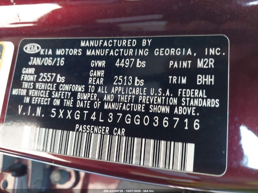 2016 Kia Optima Lx VIN: 5XXGT4L37GG036716 Lot: 43389726