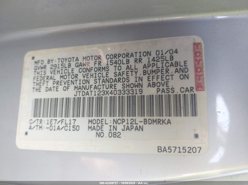 2004 Toyota Echo VIN: JTDAT123X40333319 Lot: 43389727