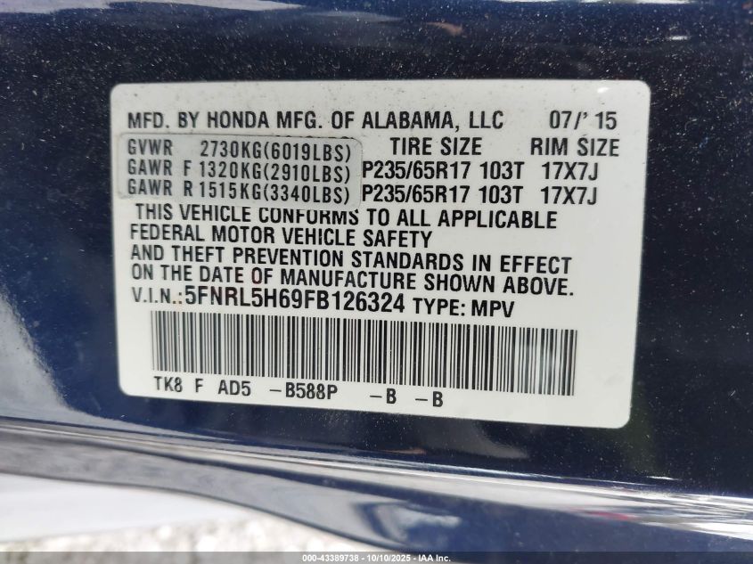 2015 Honda Odyssey Ex-L VIN: 5FNRL5H69FB126324 Lot: 43389738