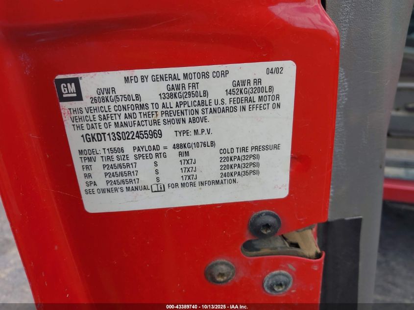 2002 GMC Envoy Sle VIN: 1GKDT13S022455969 Lot: 43389740