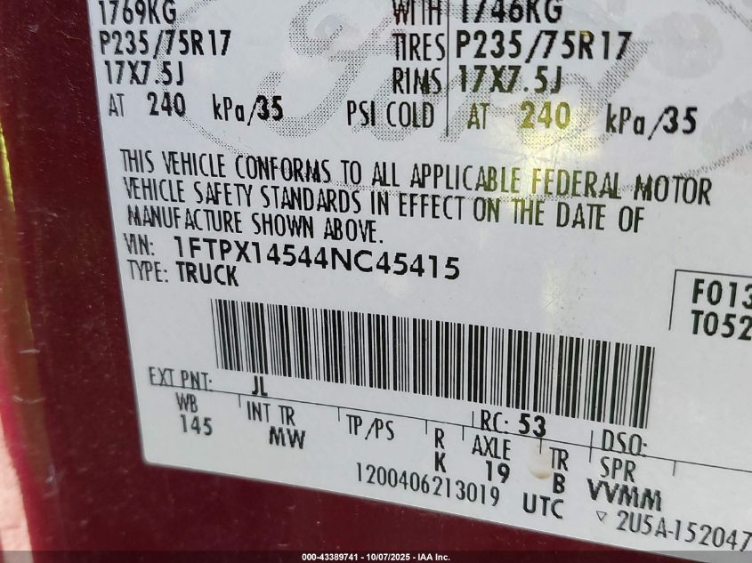 2004 Ford F-150 Fx4/Lariat/Xl/Xlt VIN: 1FTPX14544NC45415 Lot: 43389741