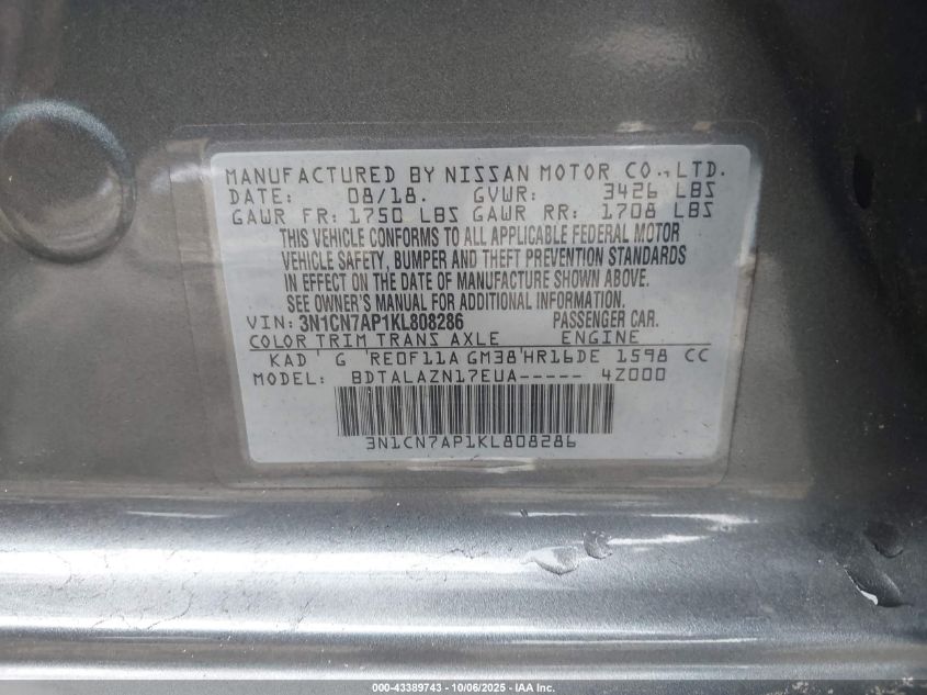 2019 Nissan Versa 1.6 S+ VIN: 3N1CN7AP1KL808286 Lot: 43389743