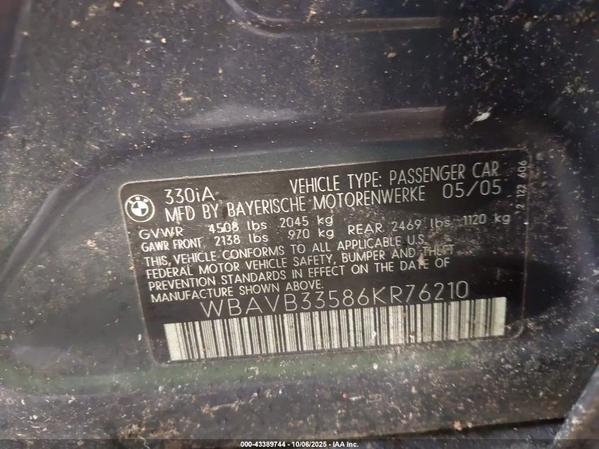 2006 BMW 330I VIN: WBAVB33586KR76210 Lot: 43389744