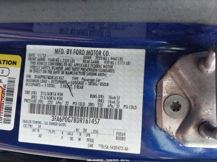 2013 Ford Fusion S VIN: 3FA6P0G78DR161457 Lot: 43389762