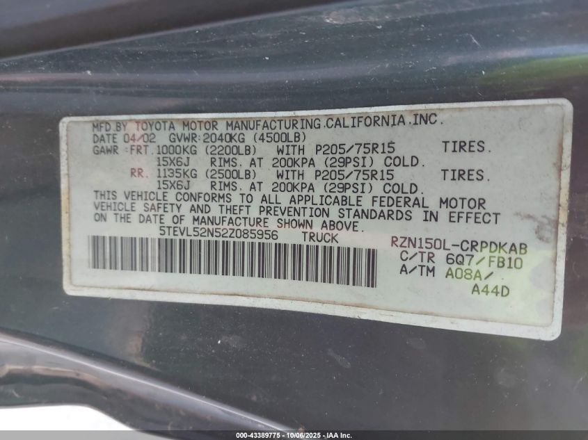 2002 Toyota Tacoma VIN: 5TEVL52N52Z085956 Lot: 43389775