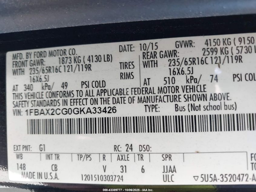 2016 Ford Transit-350 Xlt VIN: 1FBAX2CG0GKA33426 Lot: 43389777