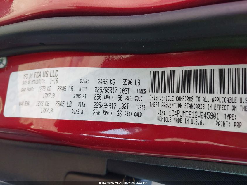 2016 Jeep Cherokee Latitude VIN: 1C4PJMCS1GW245901 Lot: 43389779