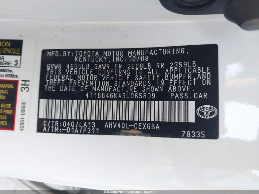 2009 Toyota Camry Hybrid VIN: 4T1BB46K49U065809 Lot: 43389781