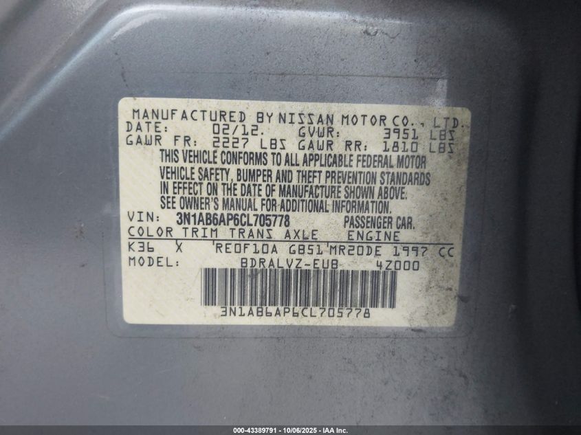 2012 Nissan Sentra 2.0 Sl VIN: 3N1AB6AP6CL705778 Lot: 43389791