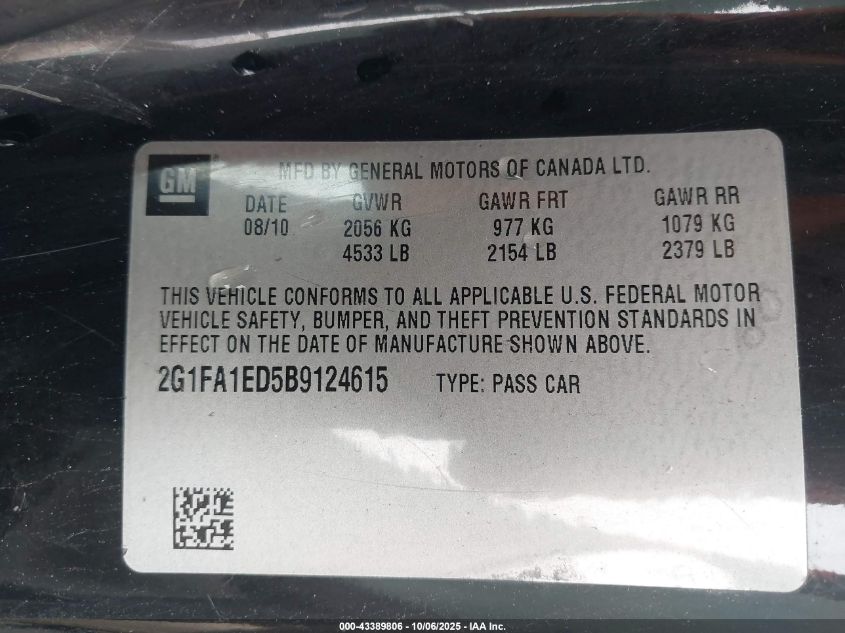 2011 Chevrolet Camaro 2Ls VIN: 2G1FA1ED5B9124615 Lot: 43389806