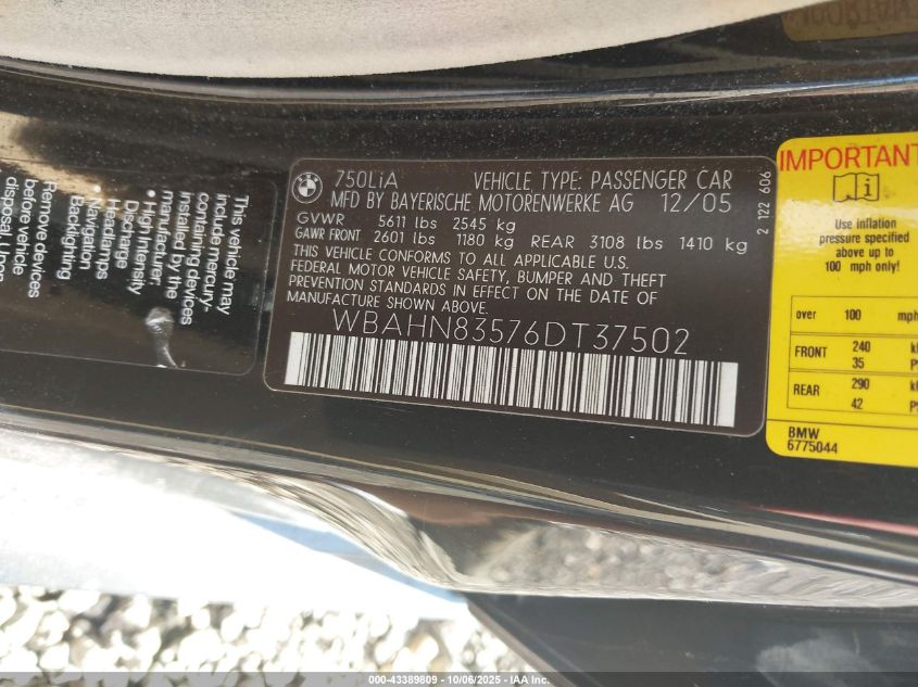 2006 BMW 750Li VIN: WBAHN83576DT37502 Lot: 43389809