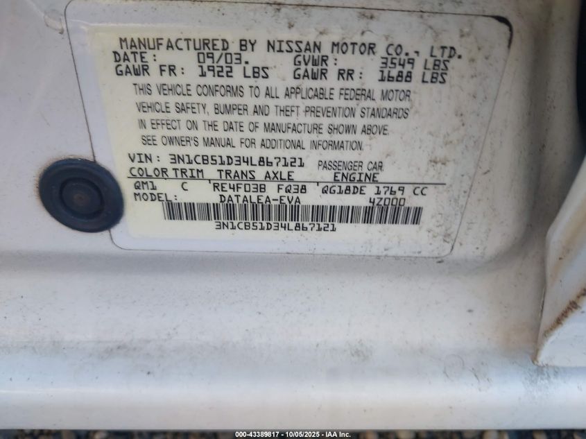 2004 Nissan Sentra 1.8S VIN: 3N1CB51D34L867121 Lot: 43389817
