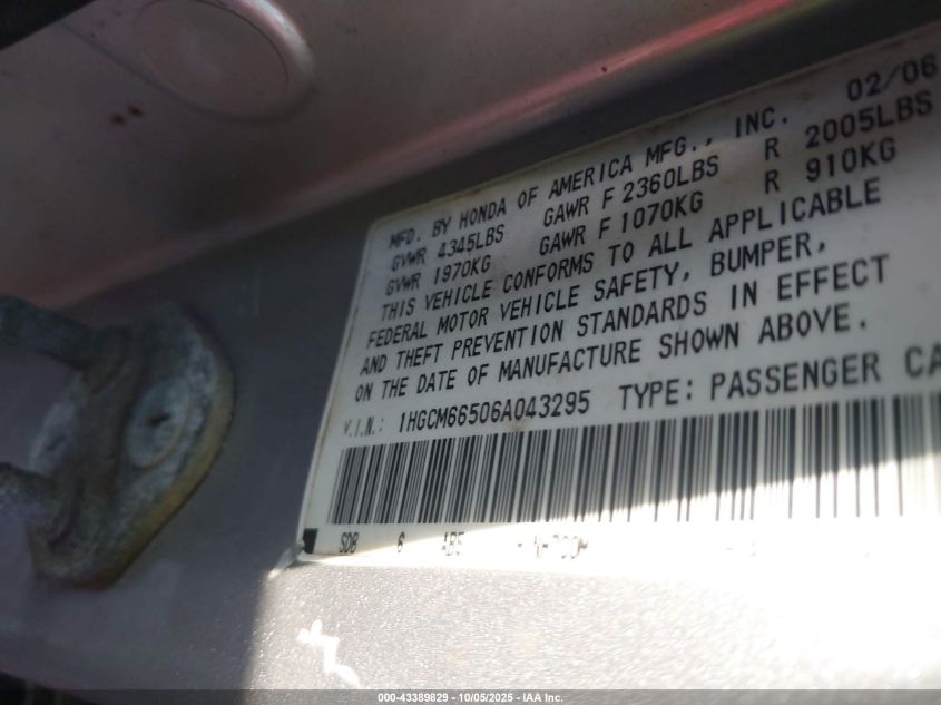 2006 Honda Accord Sdn Ex-L V6 VIN: 1HGCM66506A043295 Lot: 43389829