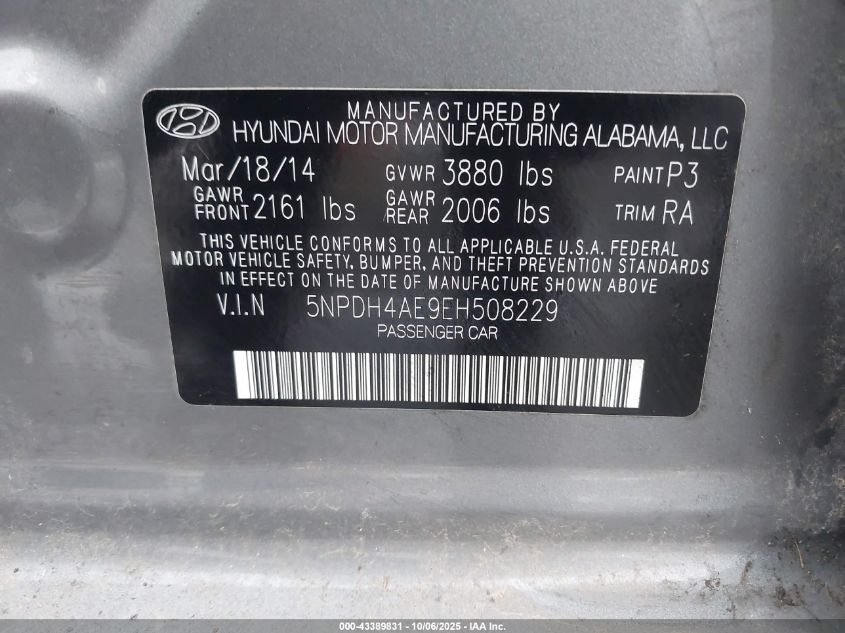 2014 Hyundai Elantra Se VIN: 5NPDH4AE9EH508229 Lot: 43389831