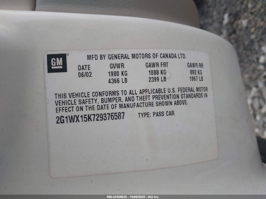 2002 Chevrolet Monte Carlo Ss VIN: 2G1WX15K729376587 Lot: 43389835