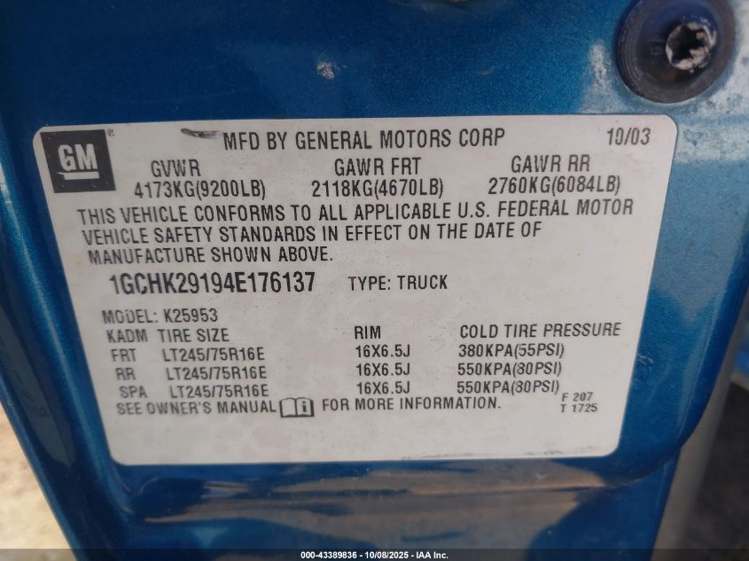 2004 Chevrolet Silverado 2500Hd Ls VIN: 1GCHK29194E176137 Lot: 43389836