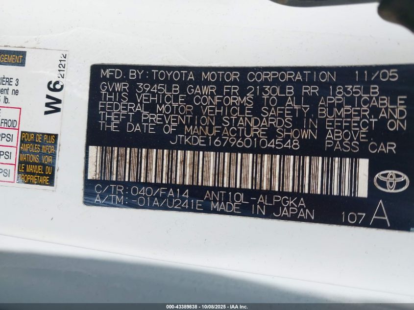 2006 Scion Tc VIN: JTKDE167960104548 Lot: 43389838