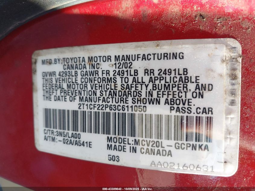 2003 Toyota Camry Solara Sle V6 VIN: 2T1CF22P63C611050 Lot: 43389840