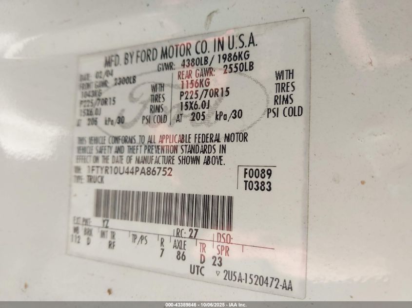 2004 Ford Ranger Edge/Xl/Xlt VIN: 1FTYR10U44PA86752 Lot: 43389846