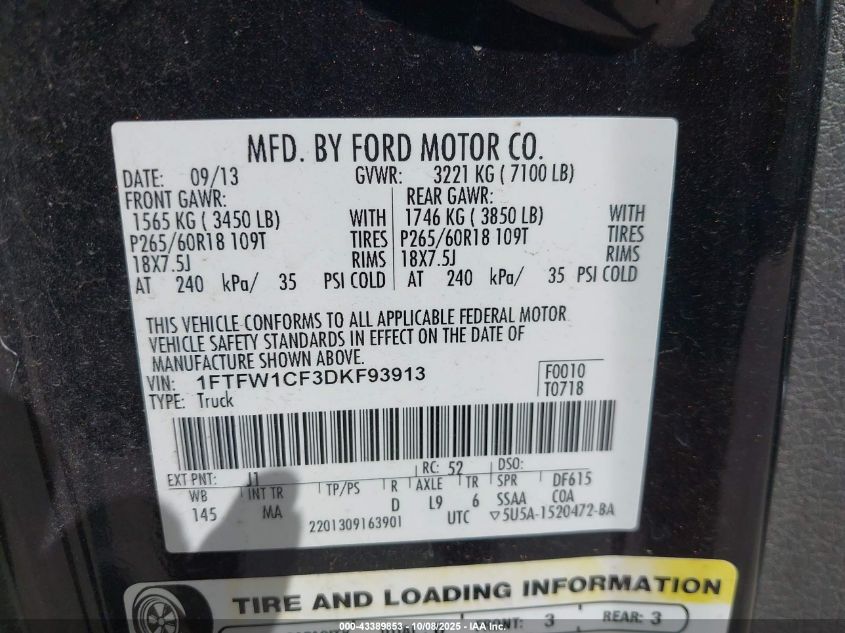 2013 Ford F-150 Xlt VIN: 1FTFW1CF3DKF93913 Lot: 43389853