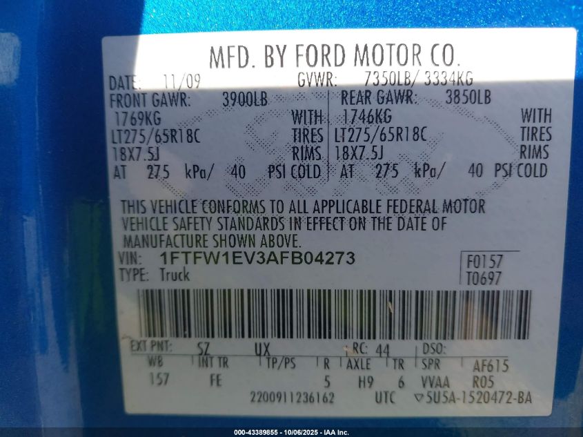 2010 Ford F-150 Fx4/Harley-Davidson/King Ranch/Lariat/Platinum/Xl/Xlt VIN: 1FTFW1EV3AFB04273 Lot: 43389855