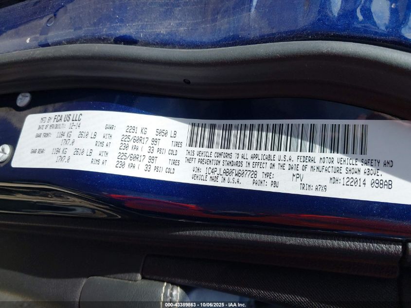 2015 Jeep Cherokee Sport VIN: 1C4PJLAB0FW607728 Lot: 43389863