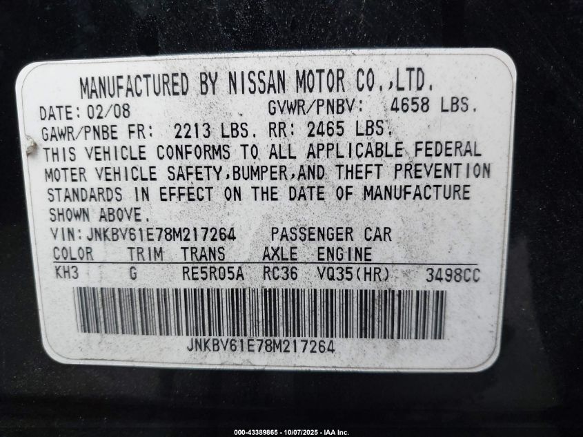 2008 Infiniti G35 Journey VIN: JNKBV61E78M217264 Lot: 43389865