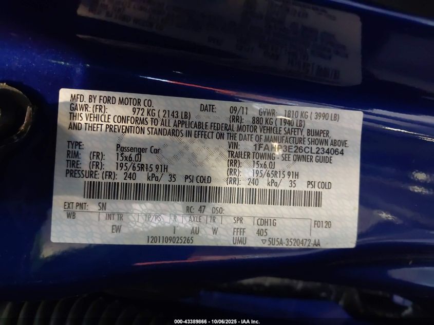 2012 Ford Focus S VIN: 1FAHP3E26CL234064 Lot: 43389866