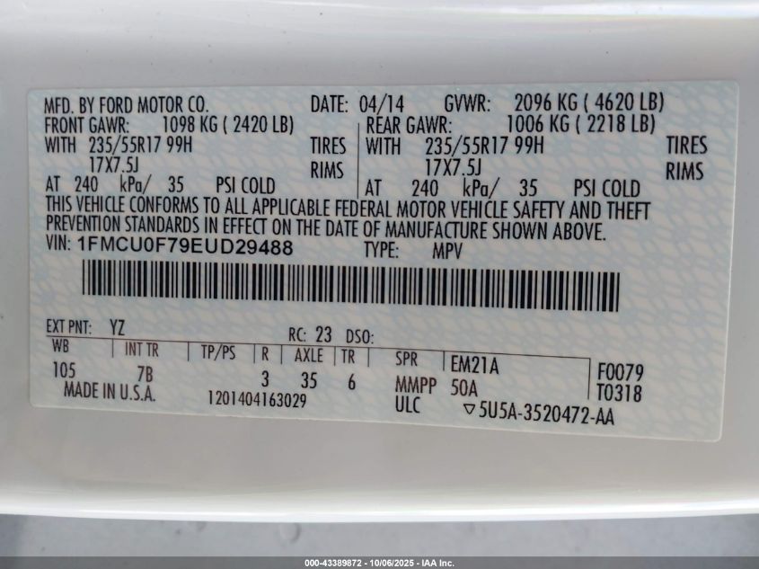 2014 Ford Escape S VIN: 1FMCU0F79EUD29488 Lot: 43389872