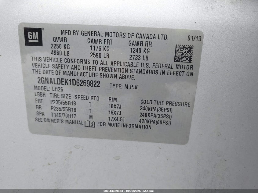 2013 CHEVROLET EQUINOX 1LT 2GNALDEK1D6269822