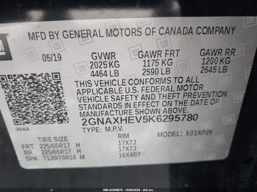 2019 Chevrolet Equinox Ls VIN: 2GNAXHEV5K6295780 Lot: 43389876