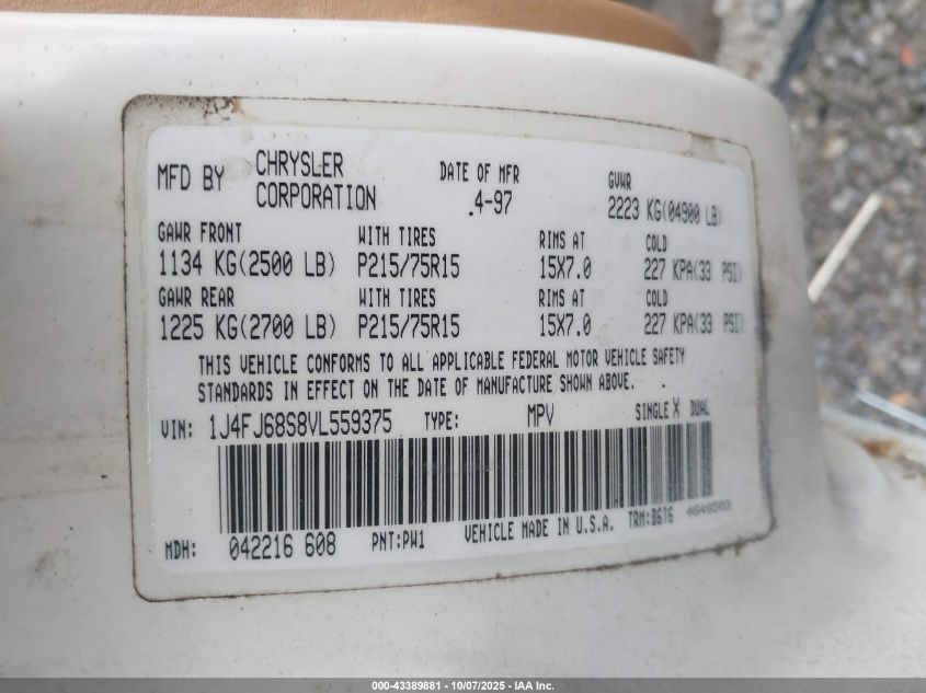 1997 Jeep Cherokee Sport VIN: 1J4FJ68S8VL559375 Lot: 43389881