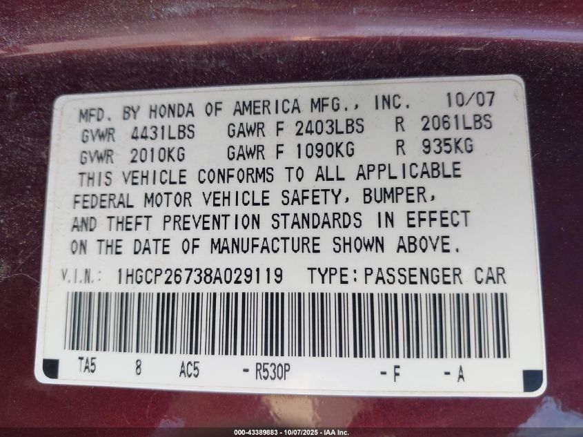 2008 Honda Accord 2.4 Ex VIN: 1HGCP26738A029119 Lot: 43389883