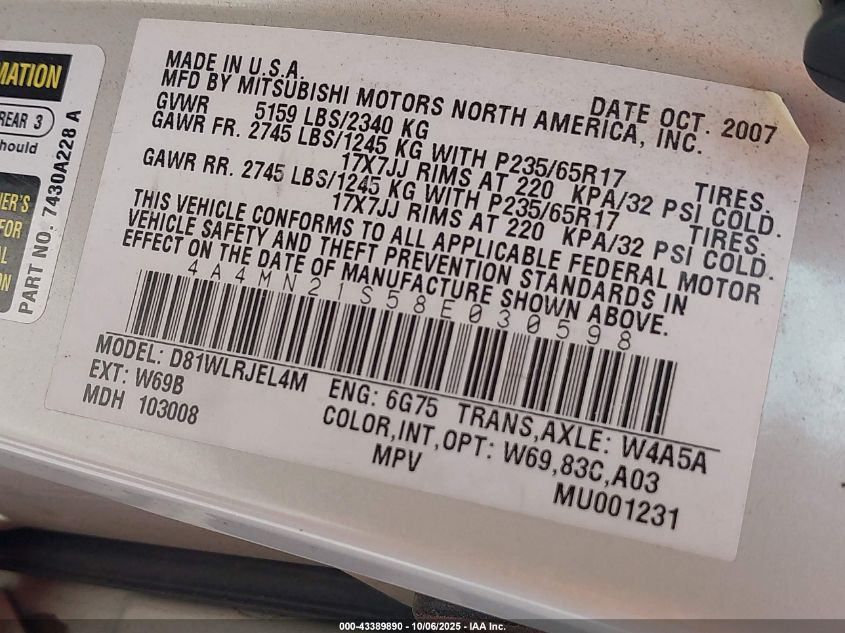 2008 Mitsubishi Endeavor Ls VIN: 4A4MN21S58E030598 Lot: 43389890