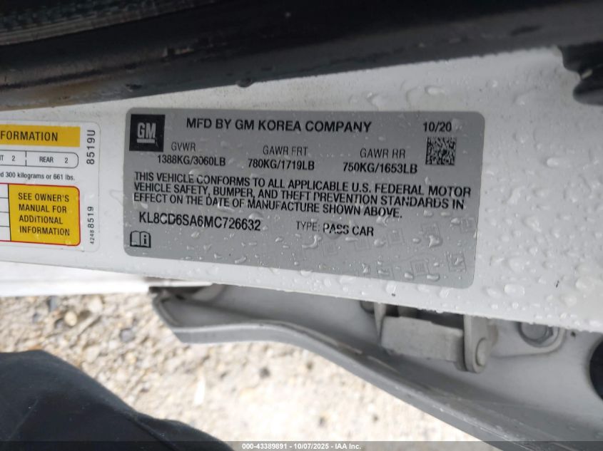 2021 Chevrolet Spark Fwd 1Lt Automatic VIN: KL8CD6SA6MC726632 Lot: 43389891