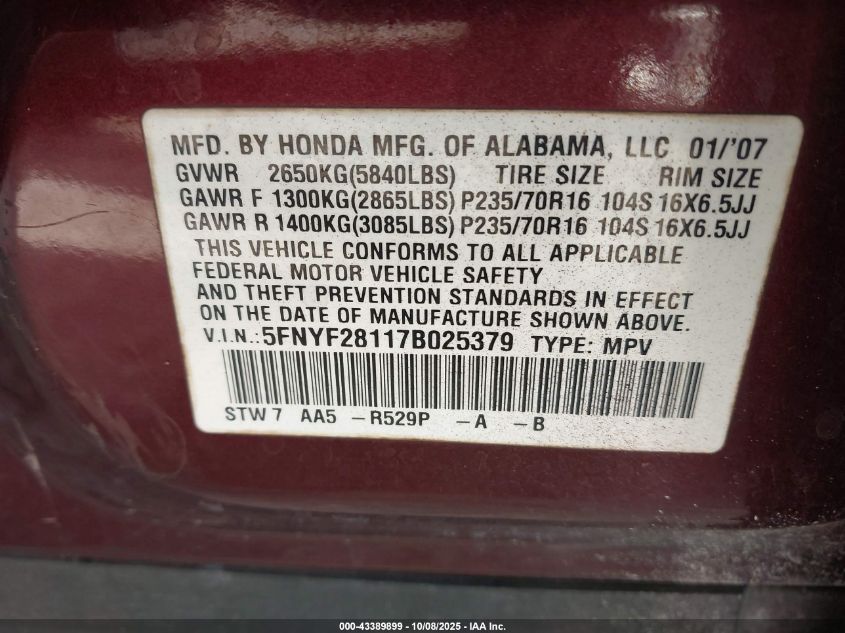 2007 Honda Pilot Lx VIN: 5FNYF28117B025379 Lot: 43389899