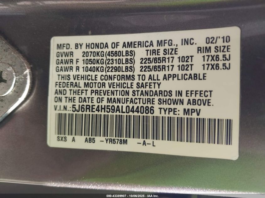 2010 Honda Cr-V Ex VIN: 5J6RE4H59AL044086 Lot: 43389907