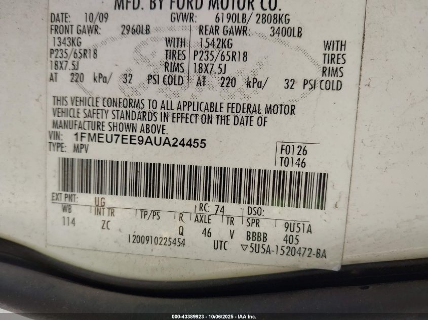 2010 Ford Explorer Eddie Bauer VIN: 1FMEU7EE9AUA24455 Lot: 43389923