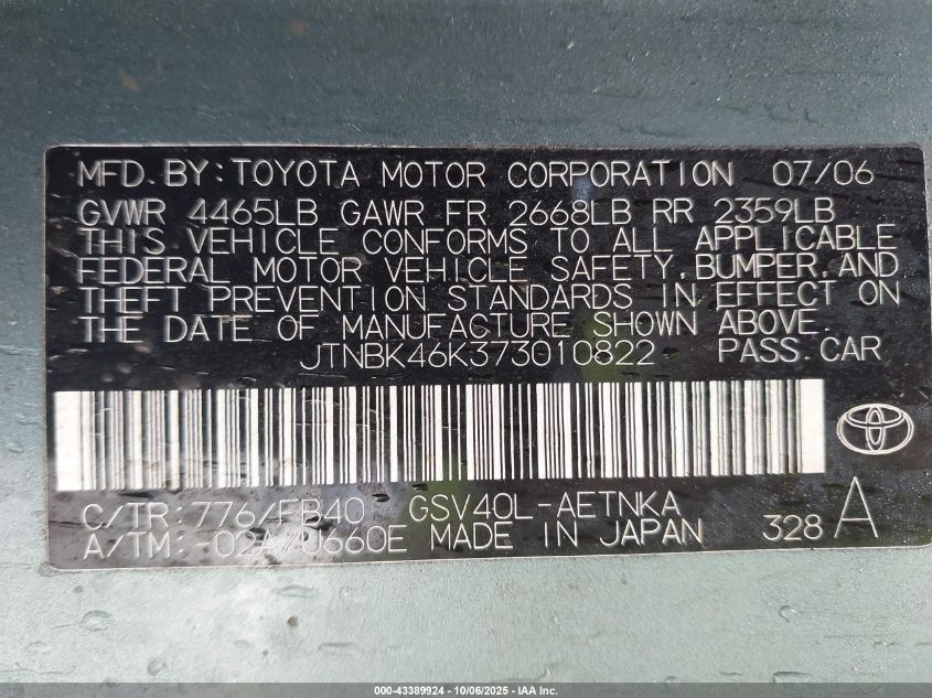 2007 Toyota Camry Le V6 VIN: JTNBK46K373010822 Lot: 43389924