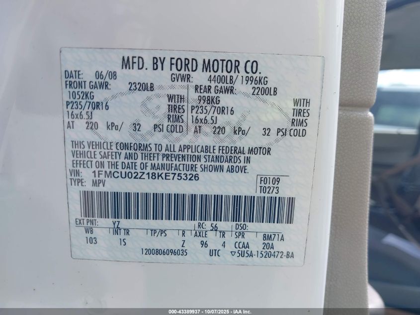 2008 Ford Escape Xls/Xls Manual VIN: 1FMCU02Z18KE75326 Lot: 43389937