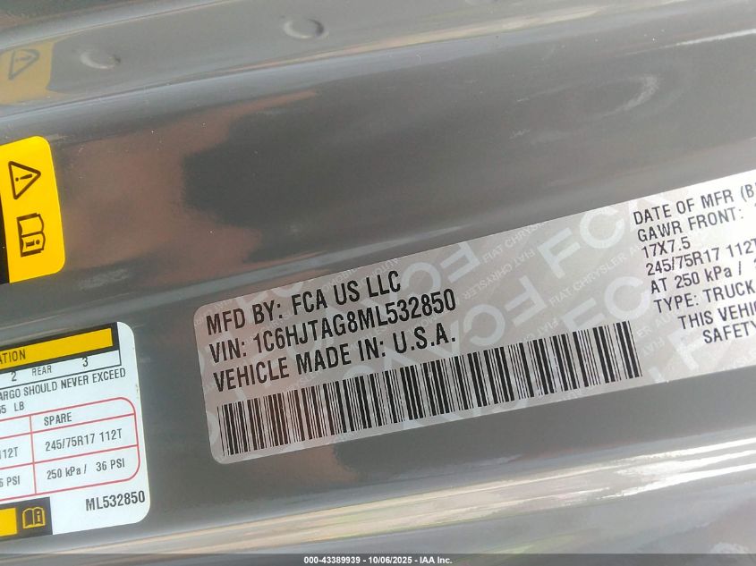 2021 Jeep Gladiator Sport S 4X4 VIN: 1C6HJTAG8ML532850 Lot: 43389939