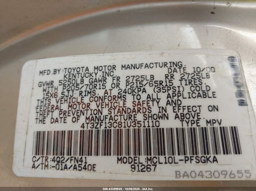 2001 Toyota Sienna Le VIN: 4T3ZF13C81U351110 Lot: 43389949