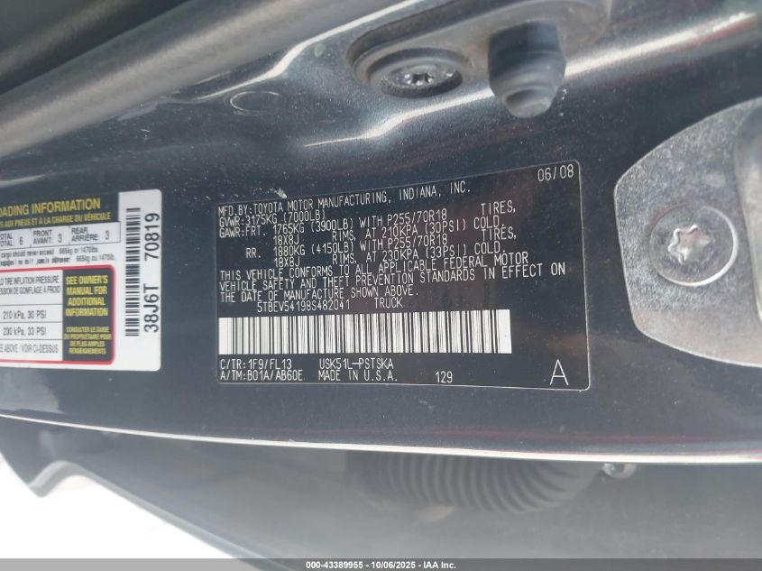 2008 Toyota Tundra Base 5.7L V8 VIN: 5TBEV54198S482041 Lot: 43389955