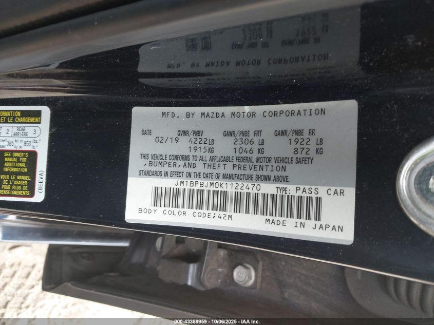 2019 Mazda Mazda3 VIN: JM1BPBJM0K1122470 Lot: 43389959