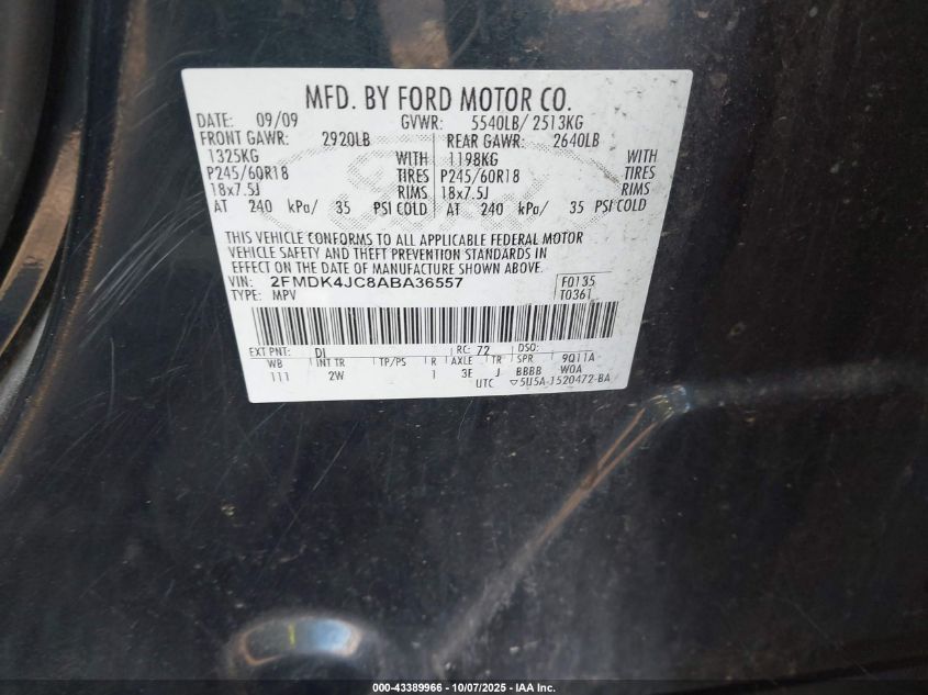 2010 Ford Edge Sel VIN: 2FMDK4JC8ABA36557 Lot: 43389966