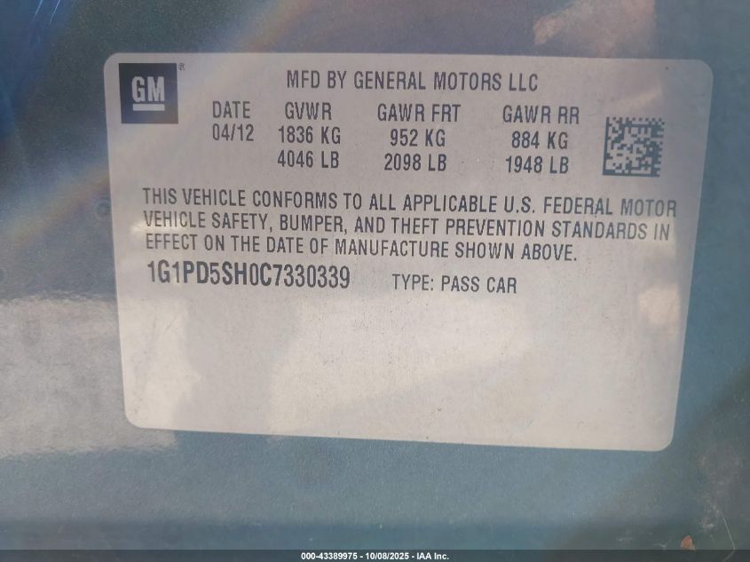 2012 Chevrolet Cruze Ls VIN: 1G1PD5SH0C7330339 Lot: 43389975