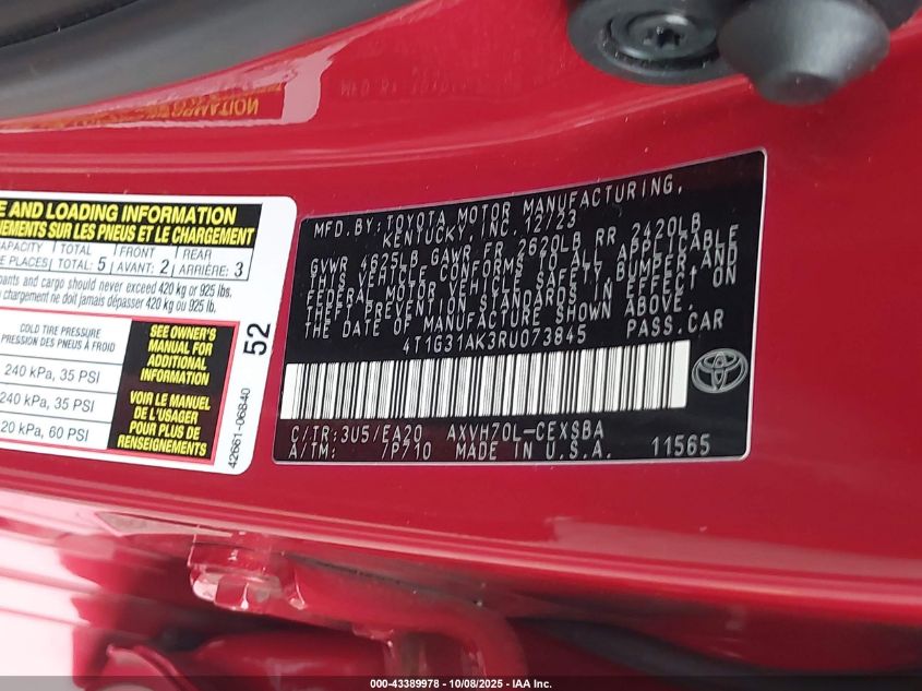 2024 Toyota Camry Hybrid Se VIN: 4T1G31AK3RU073845 Lot: 43389978