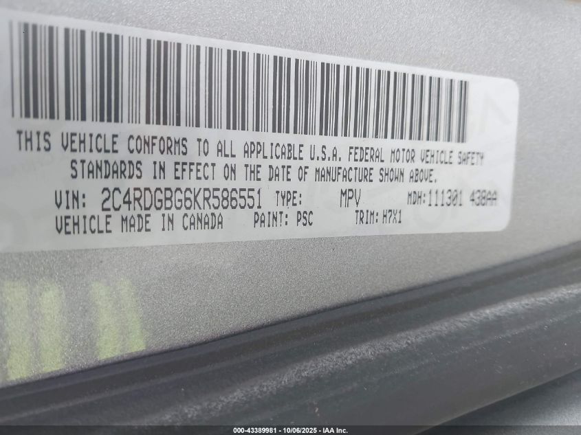 2019 Dodge Grand Caravan Se VIN: 2C4RDGBG6KR586551 Lot: 43389981