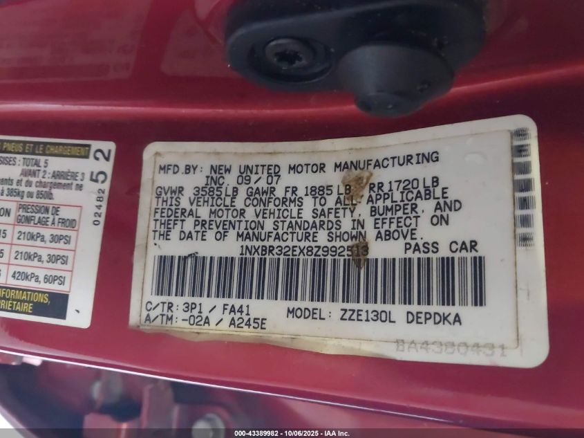 2008 Toyota Corolla Ce VIN: 1NXBR32EX8Z992513 Lot: 43389982